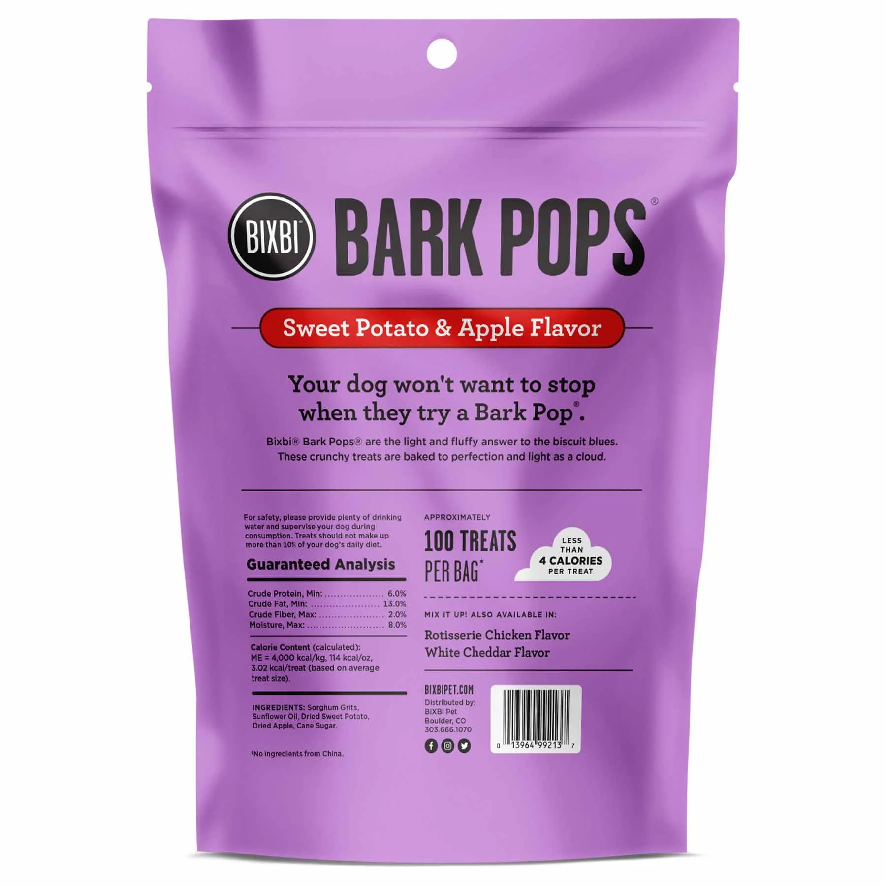 Bixbi Bark Pops Sweet Potato & Apple Flavour Light & Crunchy Training Dog Treats 4oz