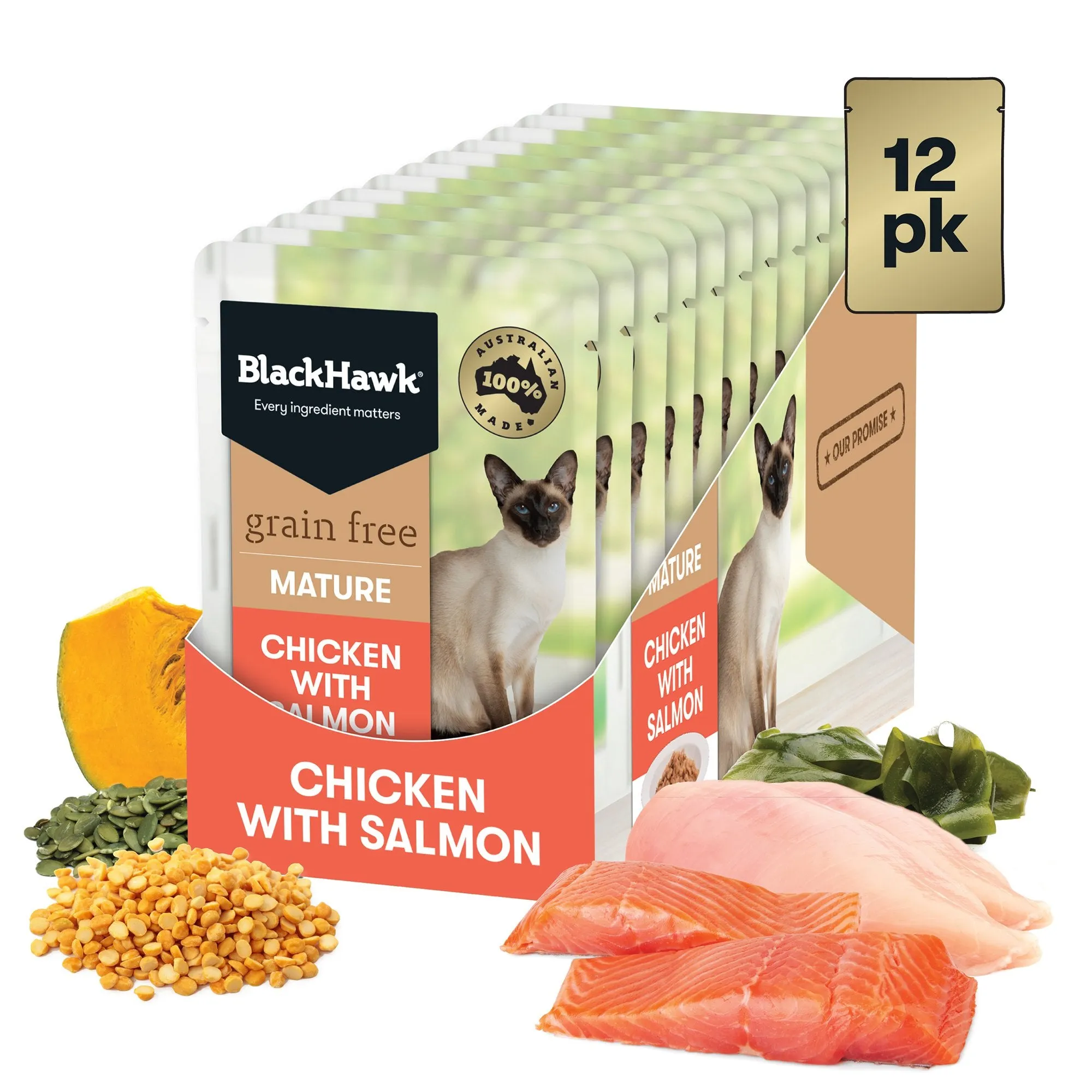 Black Hawk Grain Free Chicken with Salmon Mature Wet Cat Food 85g x 12***