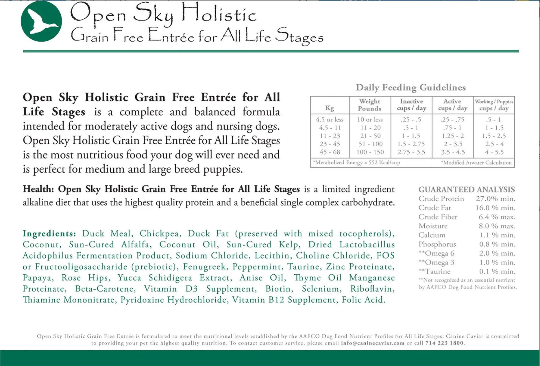 Canine Caviar Open Sky Dog Food (Duck & Chickpea)