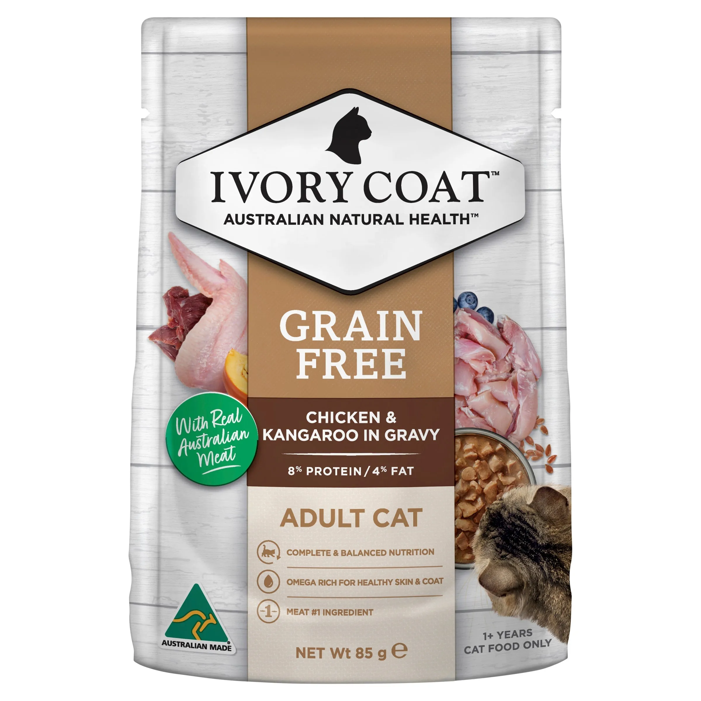 Ivory Coat Grain Free Chicken and Kangaroo in Gravy Adult Cat Wet Food 85g x 12