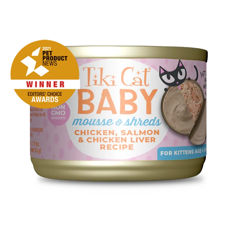 Tiki Cat Baby Kitten Mousse And Shreds with Chicken, Salmon And Chicken Liver Recipe, Wet Cat Food, 1.9-oz 3-Count